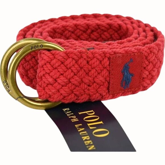 Polo Ralph Lauren Webbed Cotton ORing Belt Red Leather Trim Braided New Large